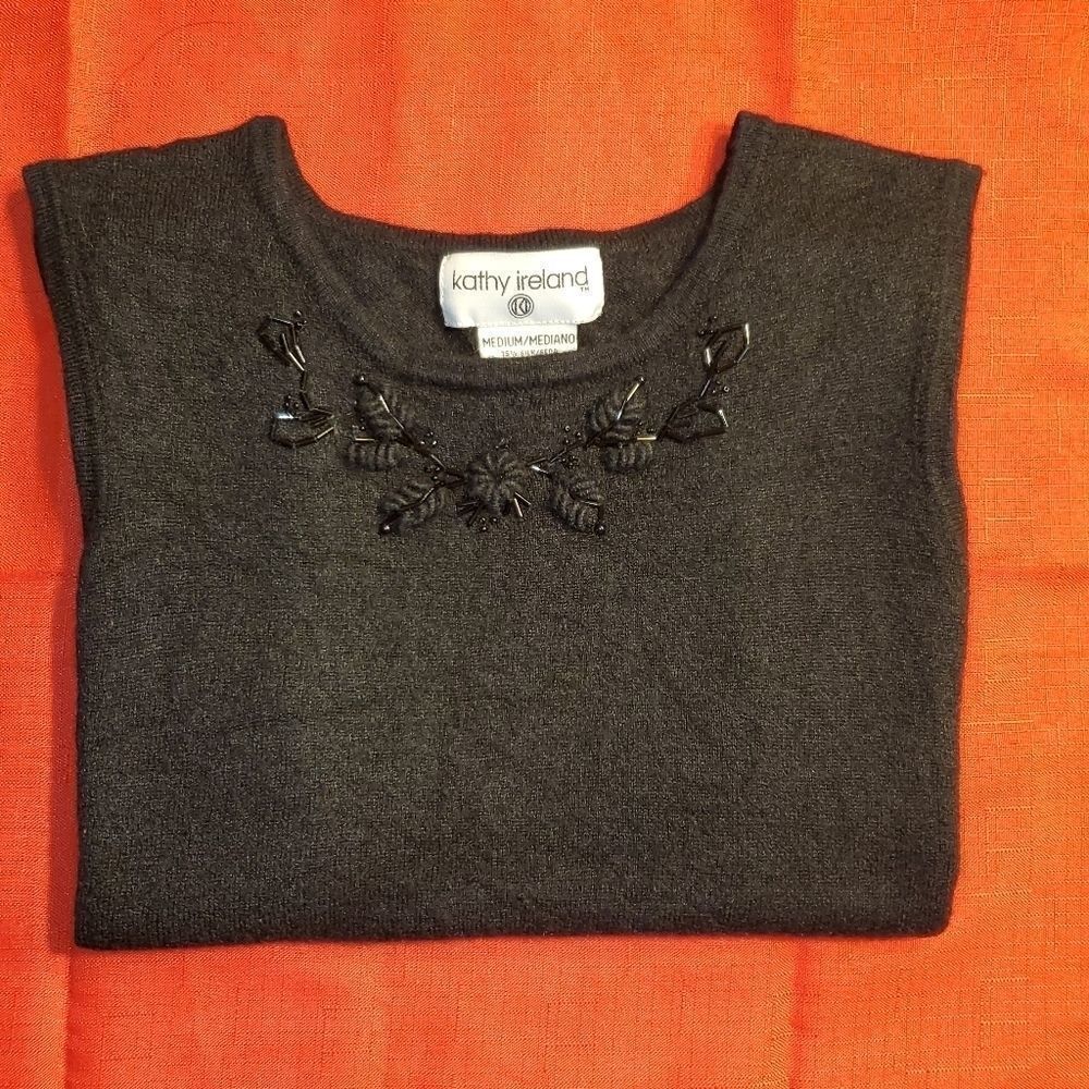 Kathy Ireland Black Beaded Flower Top